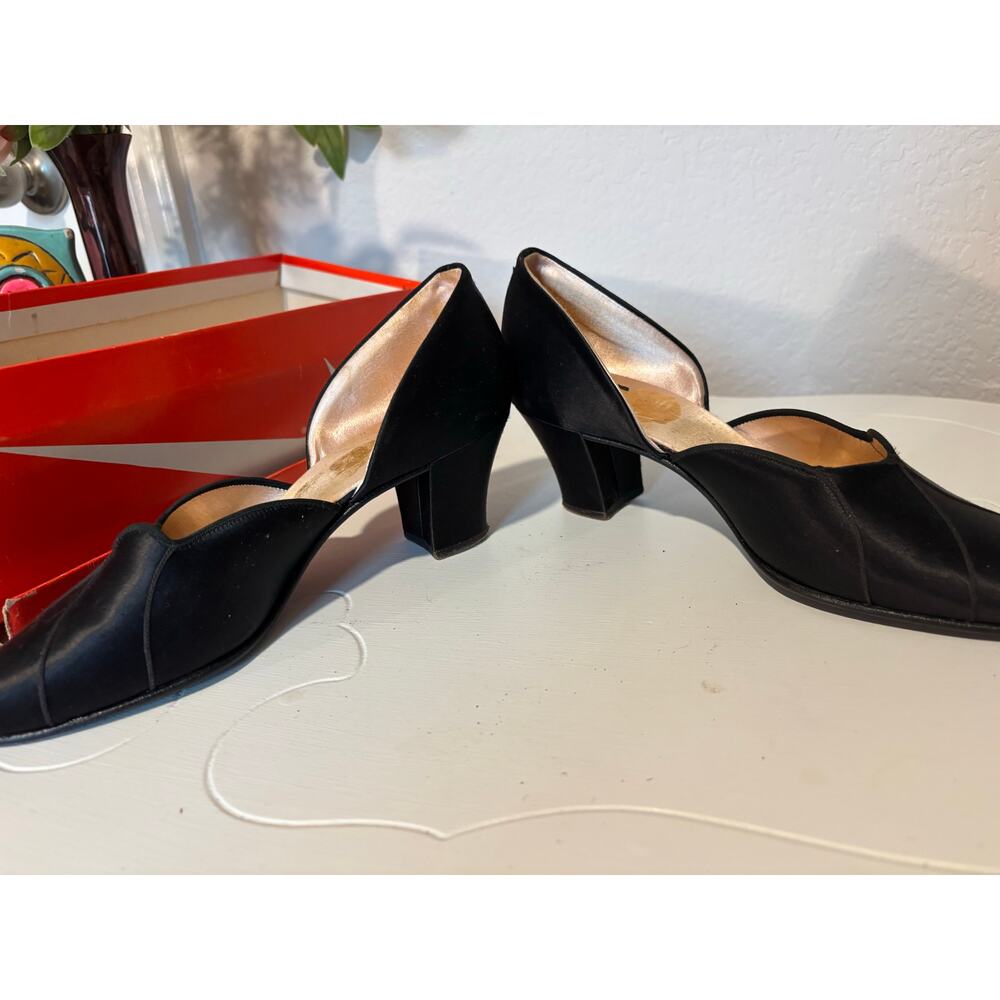 Vintage Black Satin Daniel Green 1940’s Boudoir Slipper Heels - Picture 5 of 11